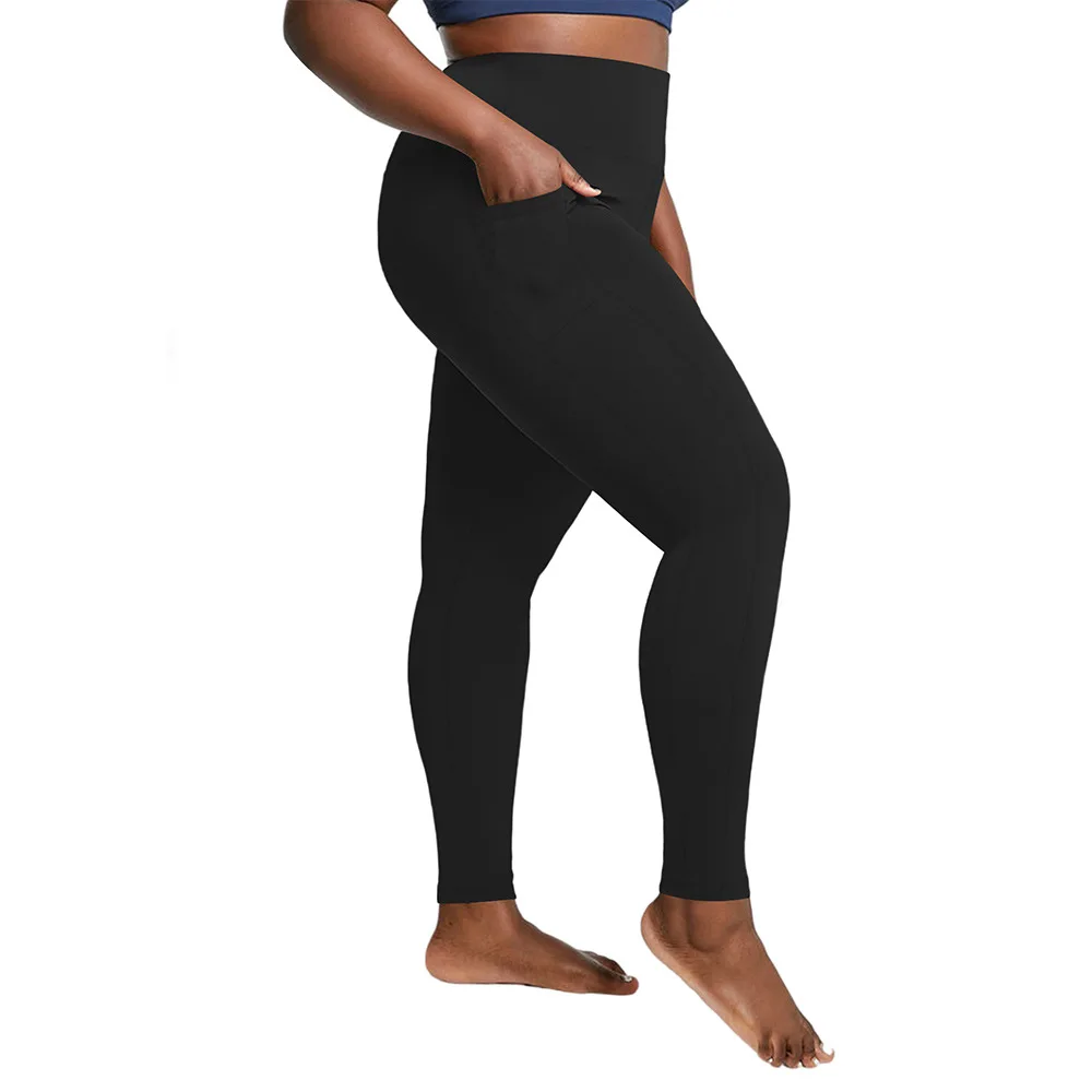 �Damen-Yoga-Leggings in Übergröße mit hoher Taille und Taschen | Bauchkontrollierende, hüftbetonte Workout-Strumpfhose in einfarbigen Farben für das Fitnessstudio – Detail 7