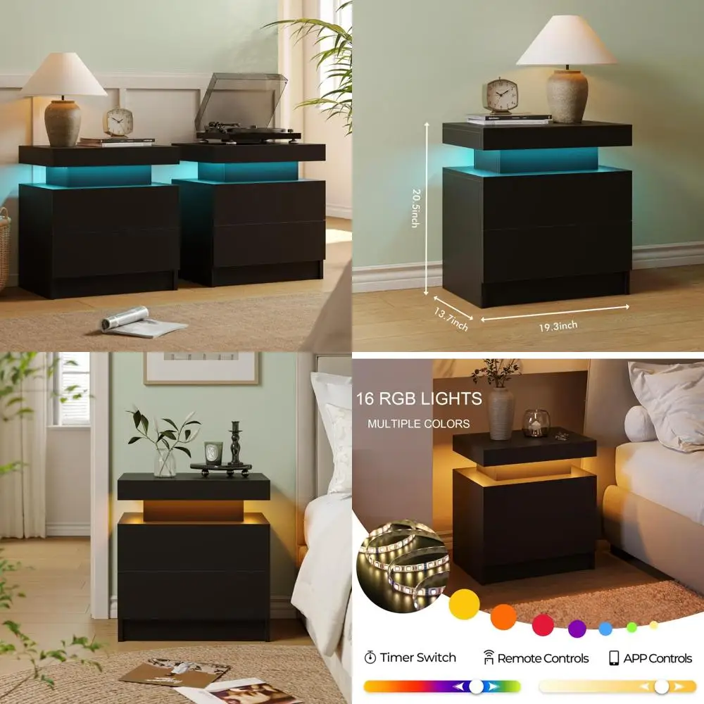 

Contemporary Dual Nightstands with Multi-Color LED Lights, Silent Slide Drawers, and Ample Storage
