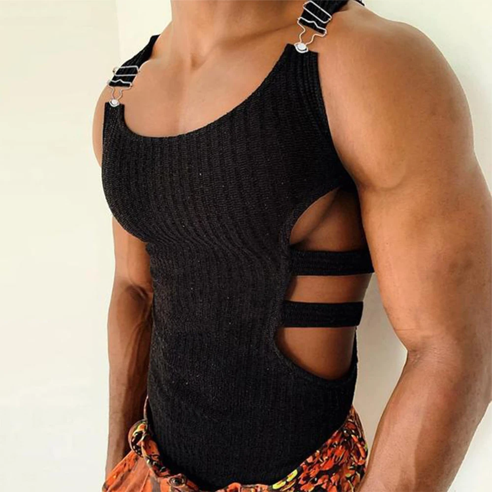 Sexy Cutout Mens Sleeveless Knitted Slim Crop Tops Adjustable Vests Erotic Sweatshirt Hollow Tank T-Shirt Muscle Suspender Vest