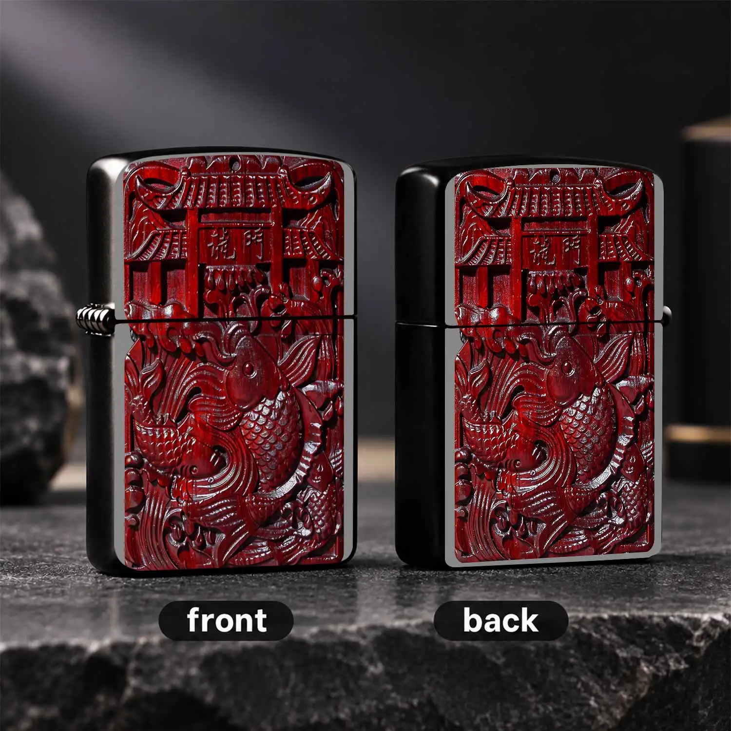 Exquisite Relief Carp Leaping Over Dragon Gate Lighter, Retro Red Sandalwood TexturePocket Lighter, Portable Elegant Accessory for Daily Use Travel Business Trip, Ideal Meaningful Gift for Family Friends on Various Occas A Humorous And Inte