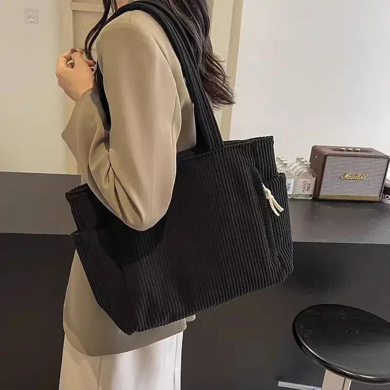 Casual Corduroy Handbag with Zipper Closure Light and Large Capacity Fixed Shoulder Strap Solid Color Daily Commuter Handbag
