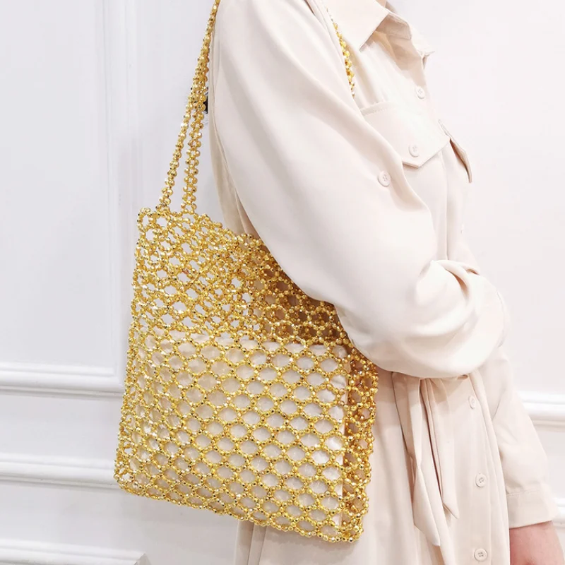 2023 Women\'s Bags Vintage Heavy Industry Fashion Gold Acrylic Handwoven Hollow Shoulder Bag Handmade Beaded New In Handbag