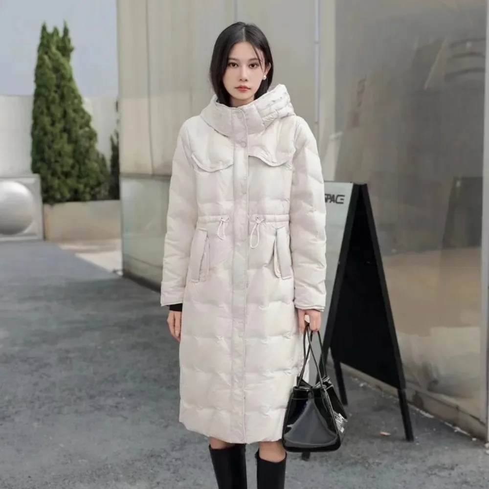 Lange Damen-Daunenjacke für Damen, 2025, Herbst und Winter, neuer Knie, schlanker warmer Mantel, Kapuze, Taille, lässiger Parker-Mantel, Street Fashion