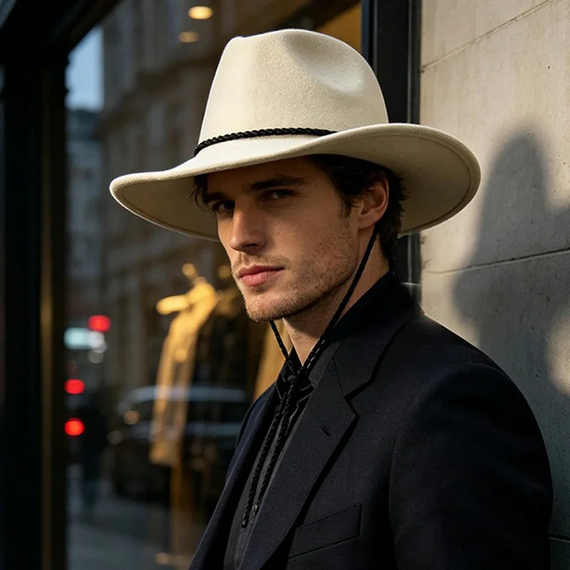 Autumn and winter vintage solid color woolen wide-brimmed western cowboy hat for men, British street fashion felt versatile fedo