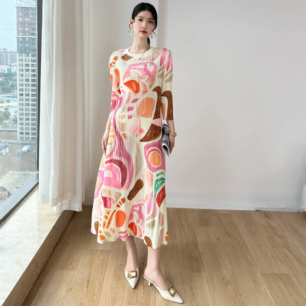 Miyake – robe plissée à col rond pour femmes, imprimé, grande taille, couverture de viande, vieillissement, nouvelle collection printemps 2025