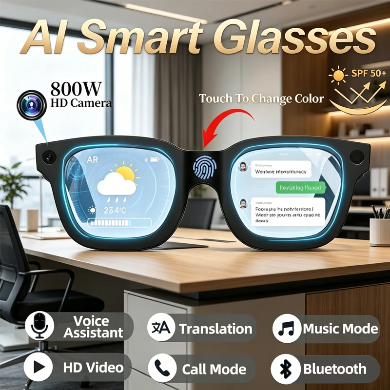 

Новые умные очки с Bluetooth-подключением, голосовым помощником, функцией перевода в реальном времени, HD-камерой 800W, беспроводными звонками и функцией умной камеры.