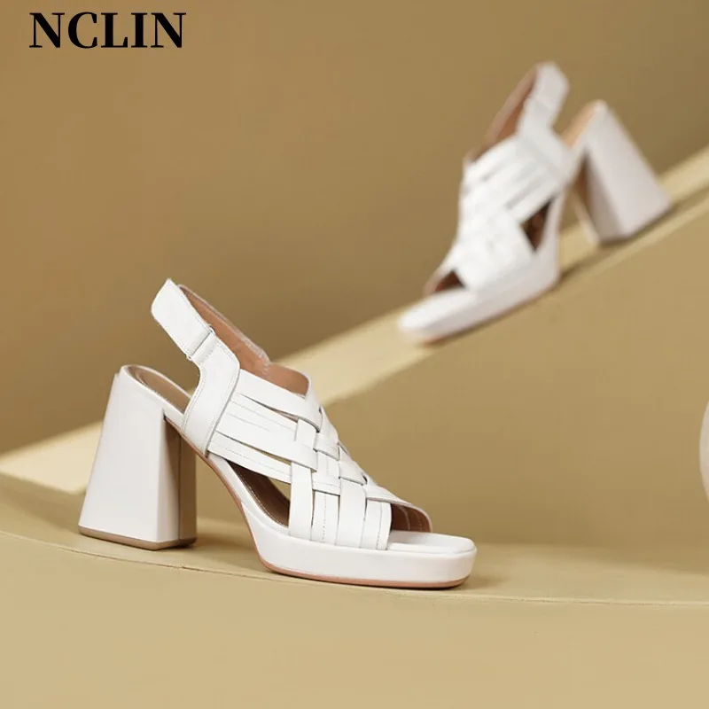 New Genuine Leather Women Sandals Chunky Heel Buckle Strap Platform Sandals Pumps For Women Summer Casual GLADIATOR Women Shoes