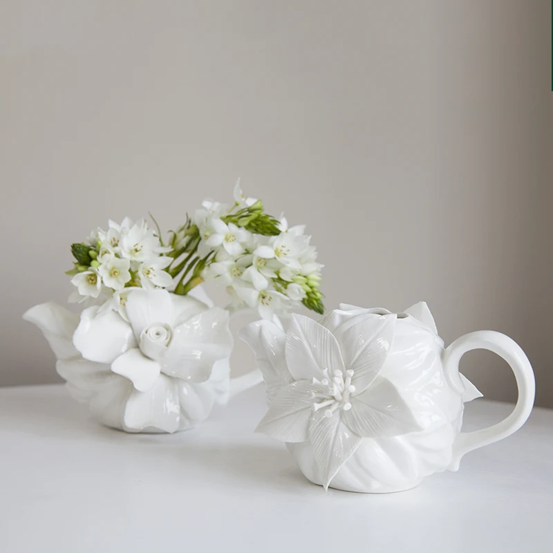 European hand-made three-dimensional glued flowers, old-fashioned porcelain, teapot, vase, flower