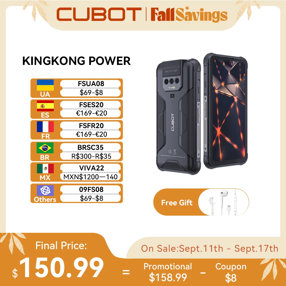 

Cubot KingKong Power, водонепроницаемый защищенный смартфон Android 13, 16 ГБ ОЗУ (8 ГБ + 8 ГБ расширенных), 256 ГБ ПЗУ, 10600мАч, быстрая зарядка 33 Вт, 6,5-дюймовый экран FHD +, NFC, Двойной светодиодный фонарик, OTG