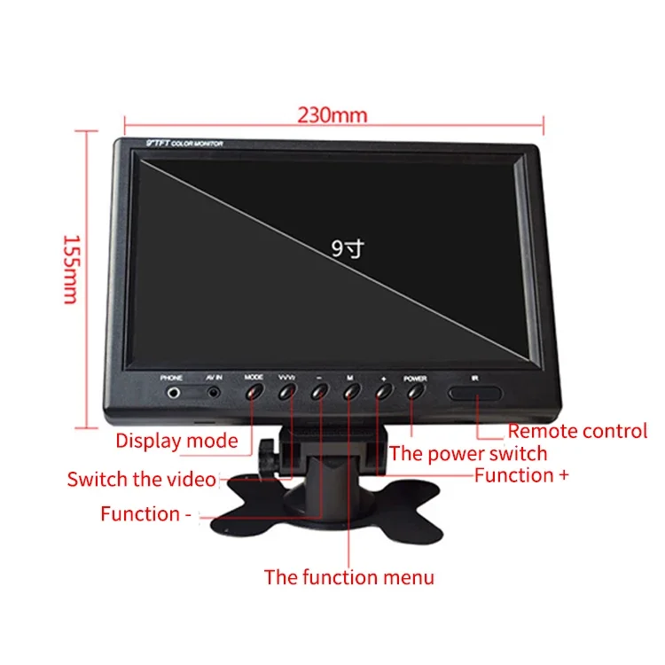 9 inch TFT LCD color car monitor with VGA av1 av2