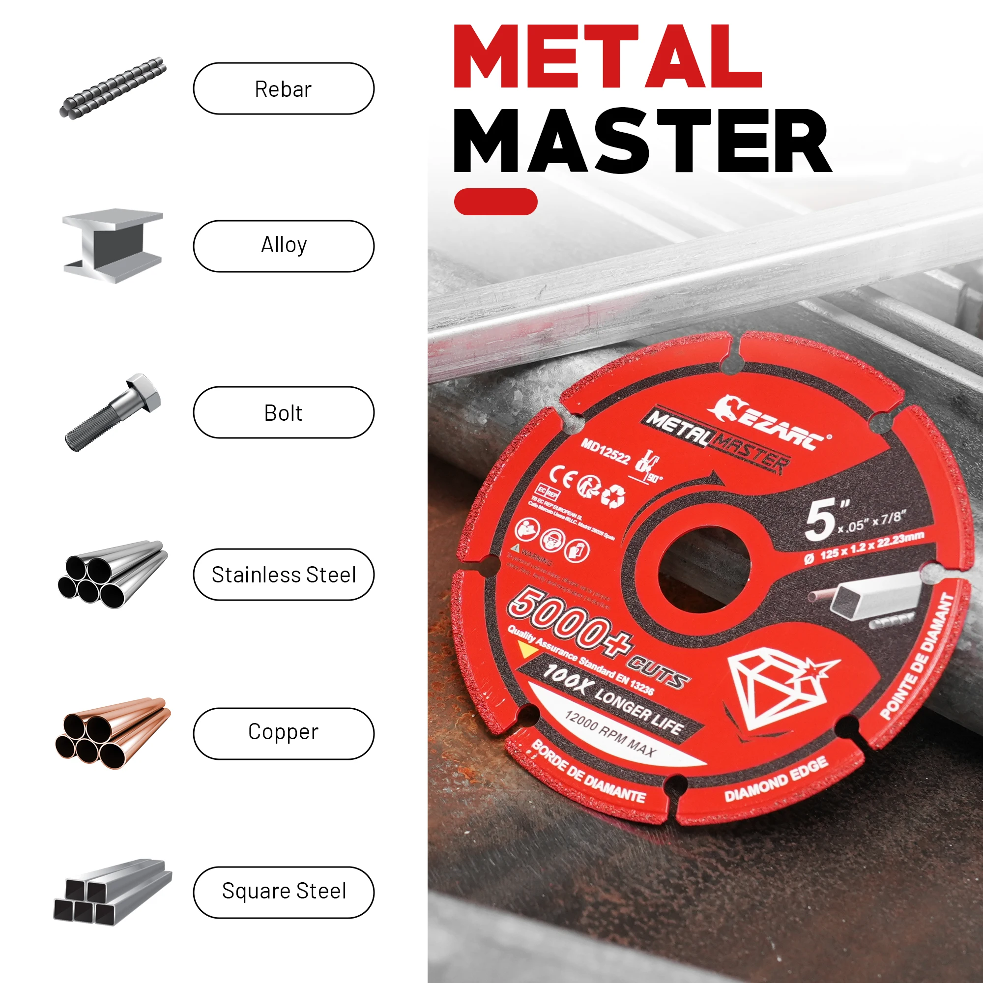 EZARC Diamond Cutting Wheel 125mm x 1.2mm x22.23mm Diamond Cut Disc for Metal, Cut Off Wheel with 5000+ Cuts on Steel Rebar Iron