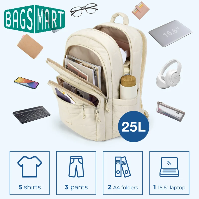 BAGSMART Laptop Bags College Casual Backpack for Women Quilted Small Computer Bookbag Water-Resistant 15.6 Inch Notebook Bag
