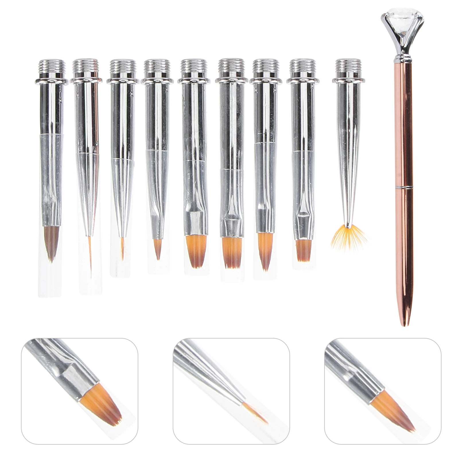 

9pcs Nail Art Brush Set Crystal Pens Alloy Handle Replacement Tips For Diy Professional Dots Flower Design Nail Tools Dotting
