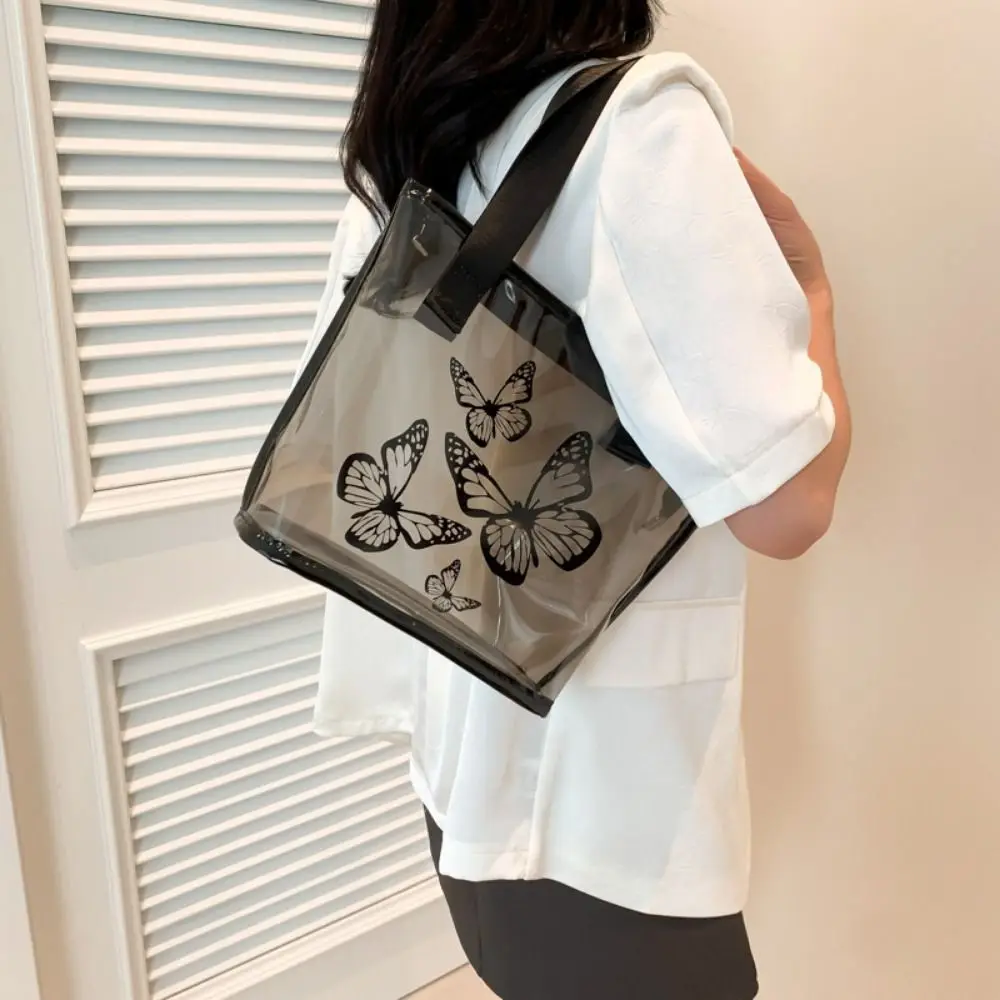 

Simple Butterfly Printing Clear Tote Bag Large Capacity Portable Handbags Fashion PVC Women's Bag Purse