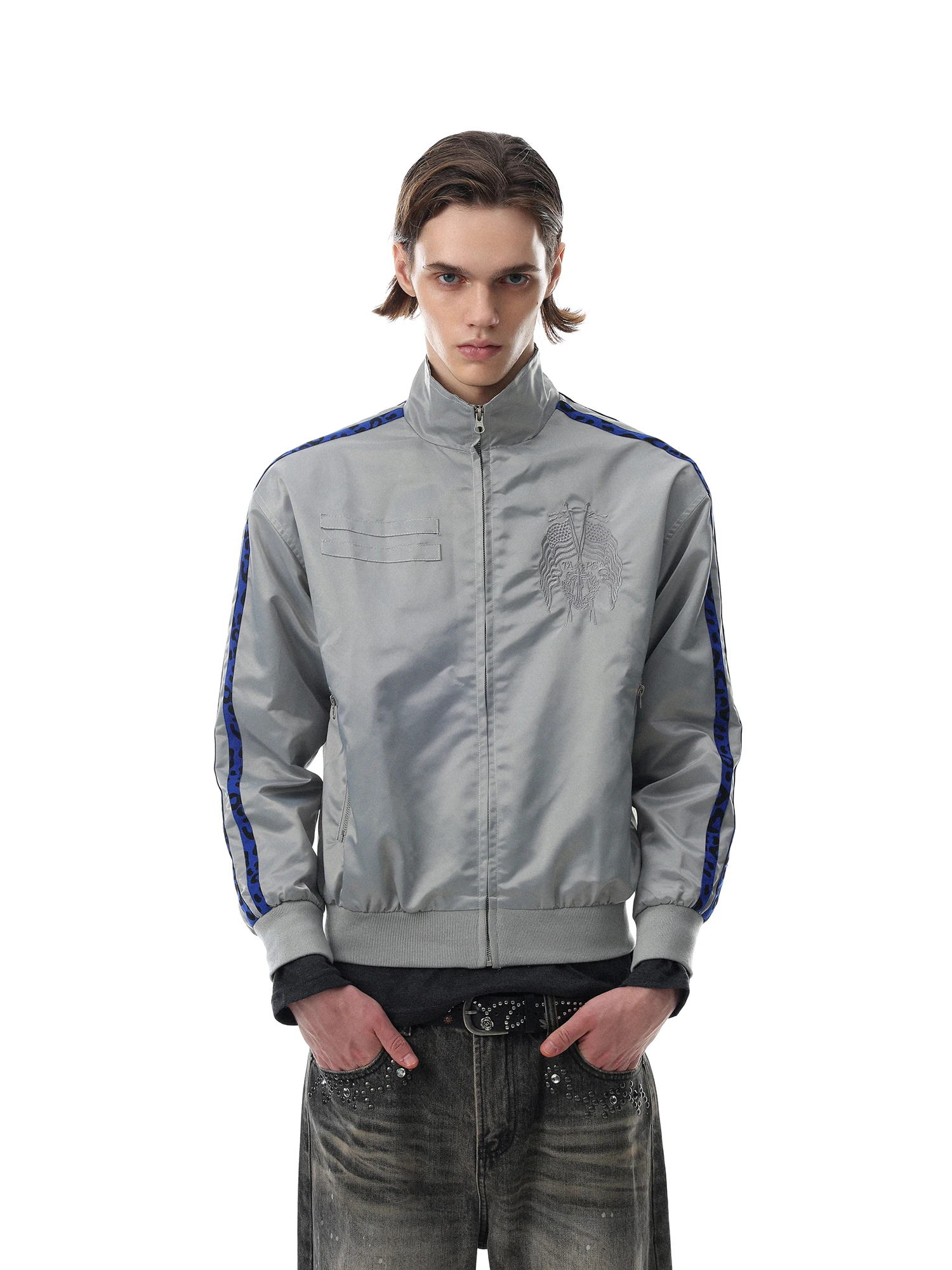 American Retro Contrast Color Zipper Jacket Men's Lightweight Embroidered Stand Collar Outerwear Trendy Grey Patchwork