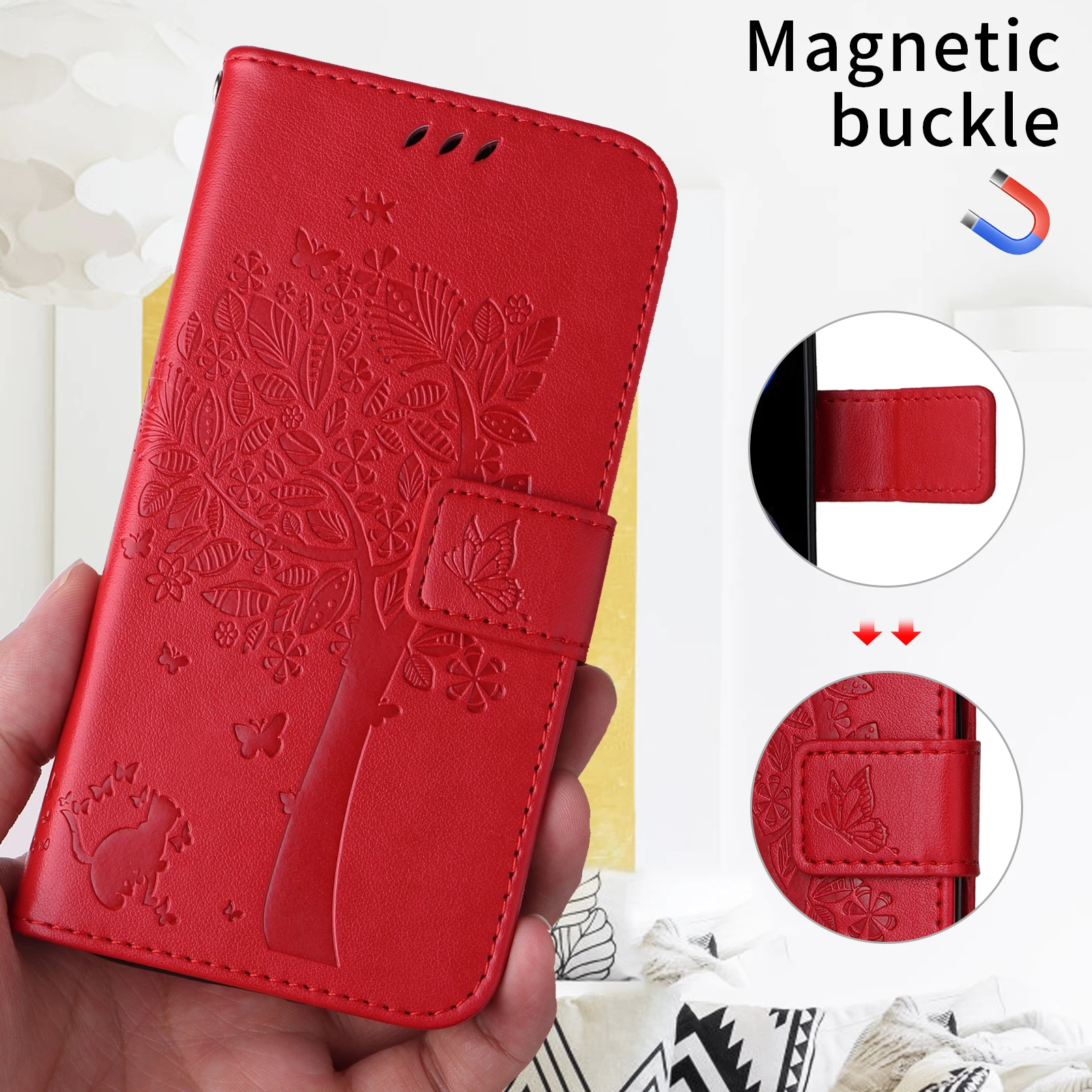Para Huawei Pura 80 Pro + / Huawei Pura 80 Pro Capa de telefone com suporte Cat Tree Padrão Carteira de couro Capa móvel - Vermelho