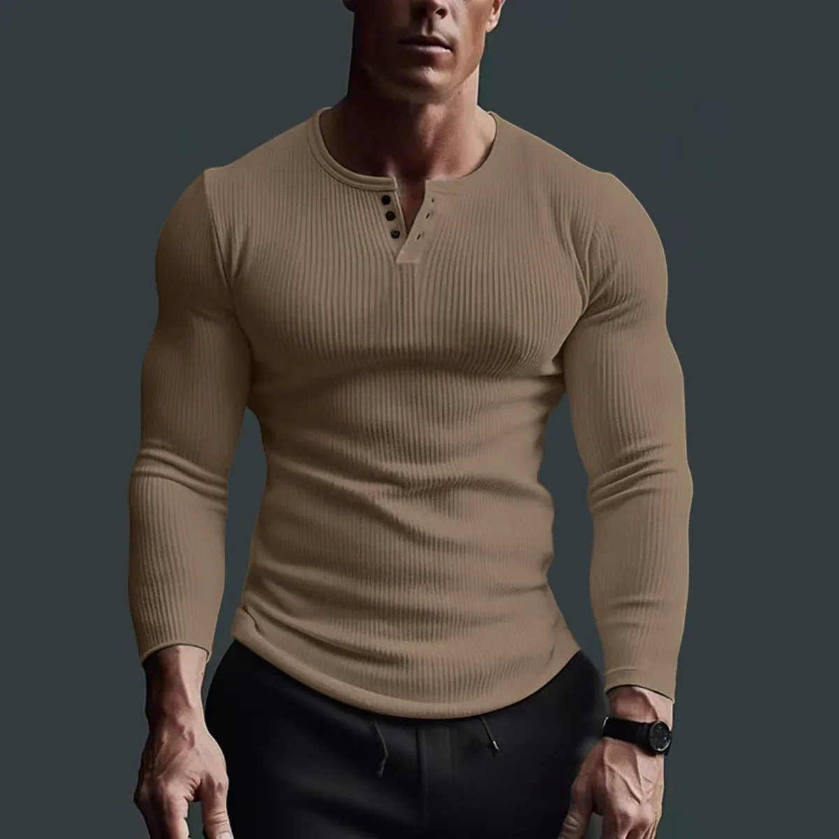 Men's Casual Waffle Fitness Muscle T-Shirt Long Sleeve Solid Color Button V Neck Basic Breathable Tops Tees T Shirts Clothing