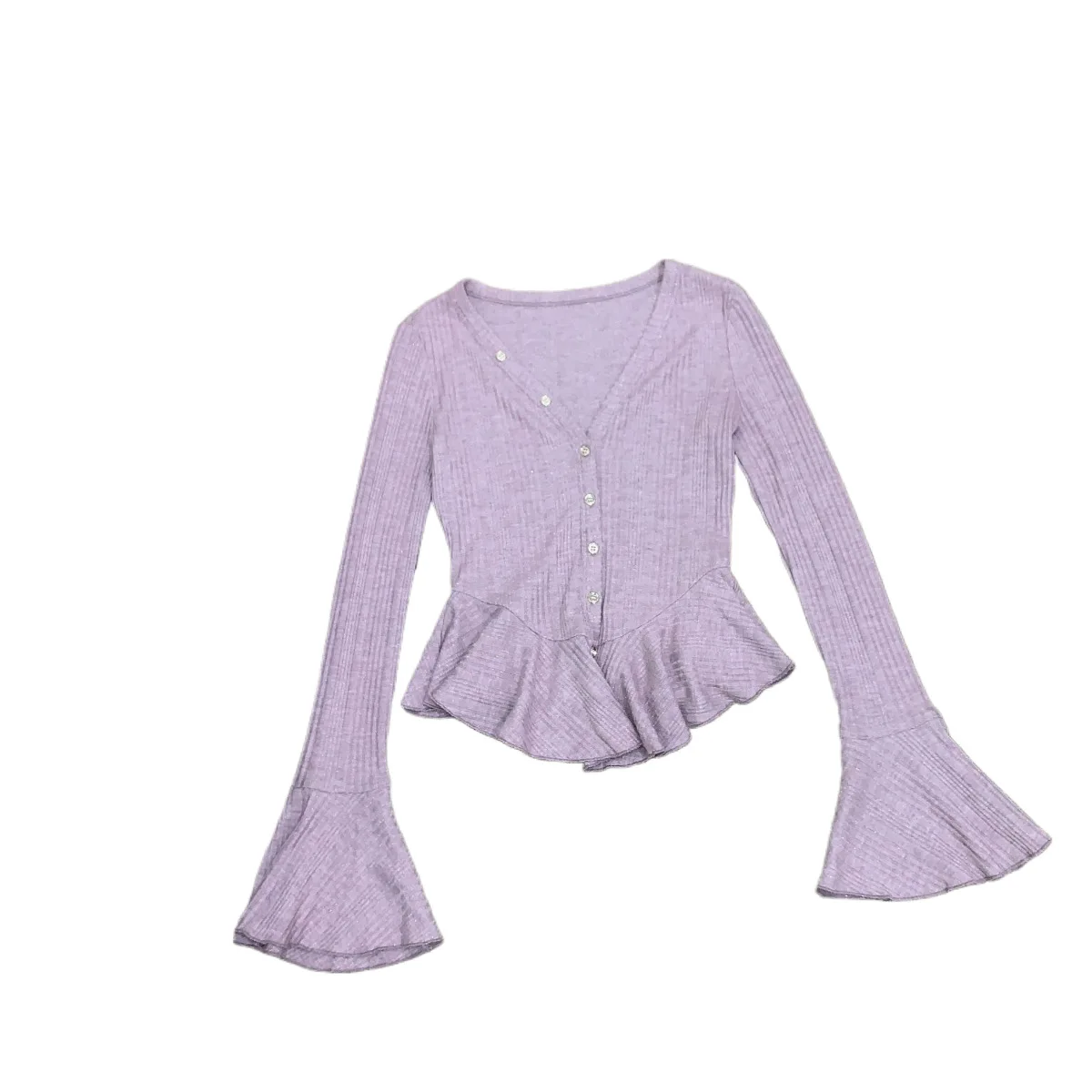 니트 브이넥 허리 러플 탑