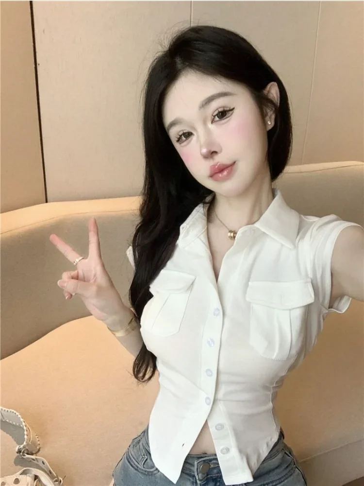 Shirts Women Defined Slim Summer Chic Solid Korean Style Leisure Crop Tops Sweet Young Simple Short-sleeve Feminino Camisas OOTD