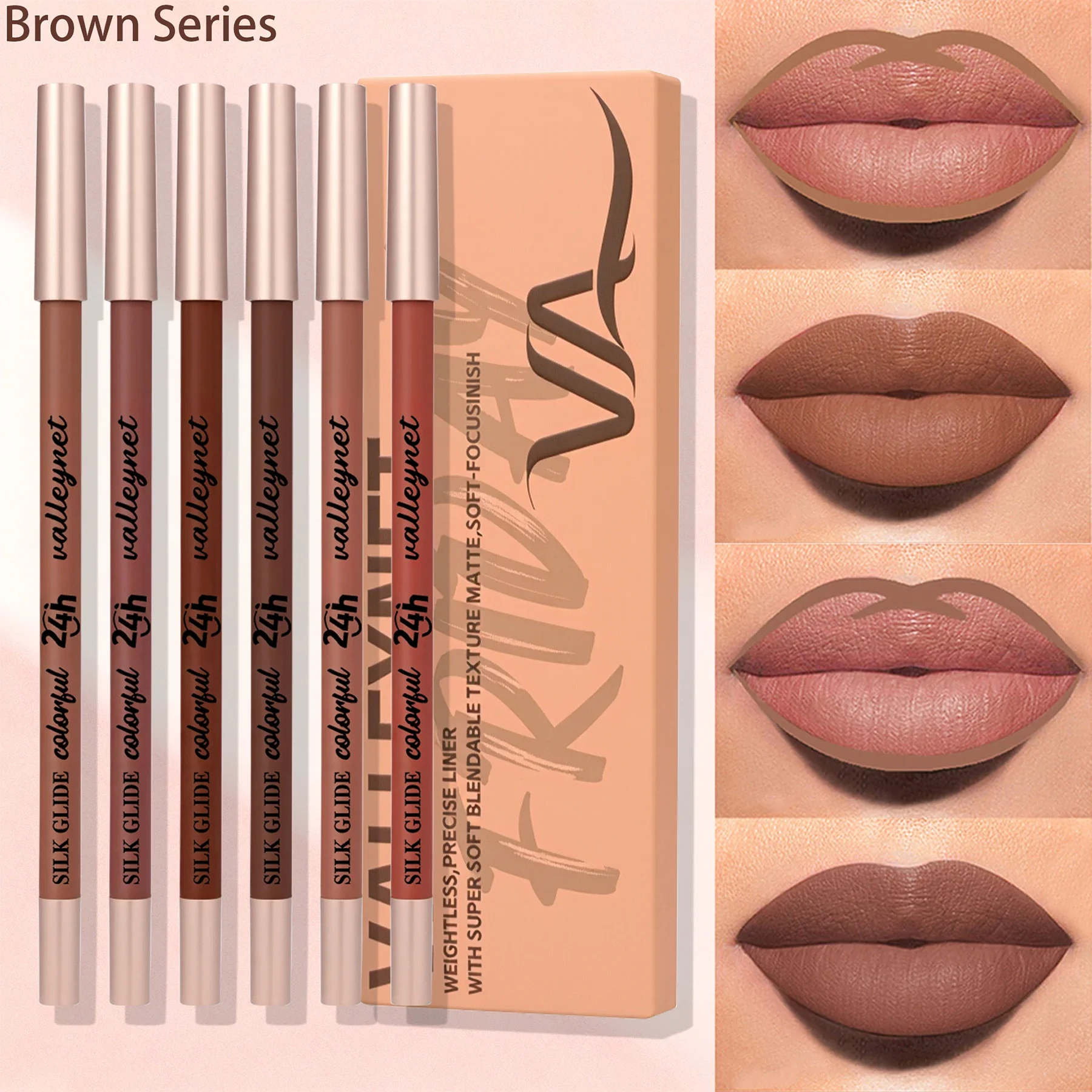 ชุดดินสอเขียนขอบปากไม้เนื้อละเอียดพิเศษ 6 ชิ้น/ชุด - ซีรีส์สีน้ำตาลนู้ด, ดินสอเขียนขอบปากเนื้อกำมะหยี่แบบด้าน ชุดแต่งหน้าสำหรับริมฝีปาก