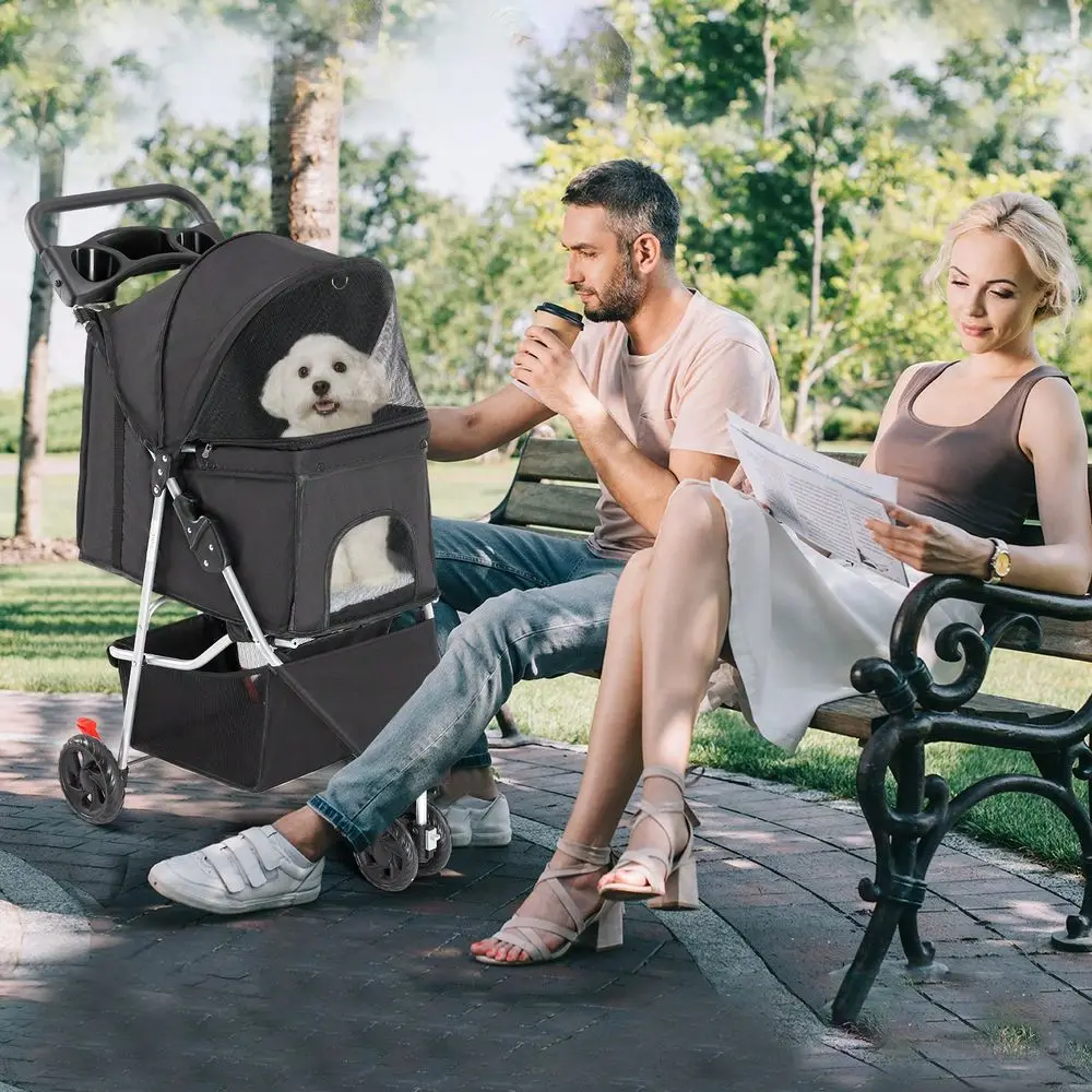 

3 Wheels Pet Stroller, Cats And Dog Strollers With Storage Basket And Cup Holder, Breathable Mesh, Lightweight Travel Carrier,