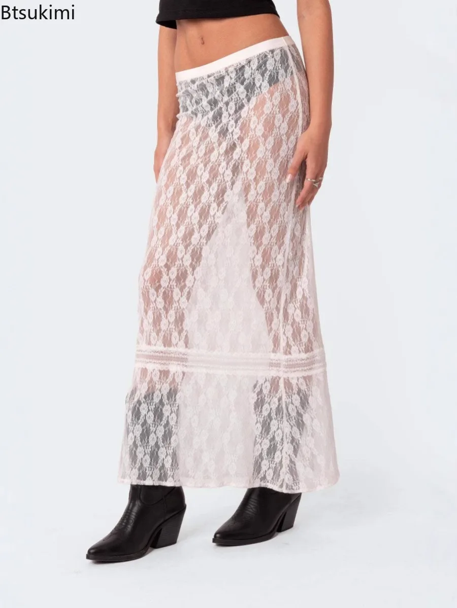 

2025 Women's Sexy Sheer Mesh Lace Long Skirt Low Rise A-line Midi Skirt Y2K Summer Elegant See Through Beach Party Maxi Skirts