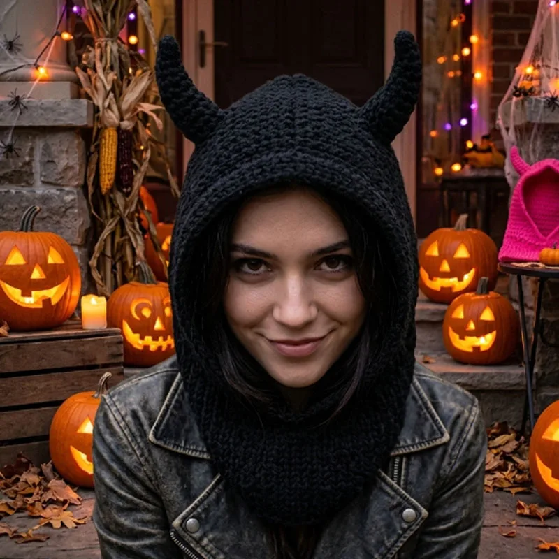 1-4PC Devil Horn Winter Hat Warm Knitted Cap with 3D Horns for Halloween Cosplay Festival Outdoor Cold Weather Use