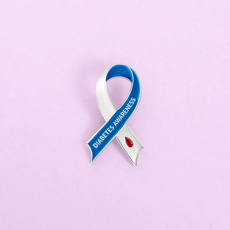 Broche en émail Ruban de sensibilisation au diabète Goutte de sang bleue et blanche, Badge de soutien au diabète, Bijou de charité médicale, Cadeau