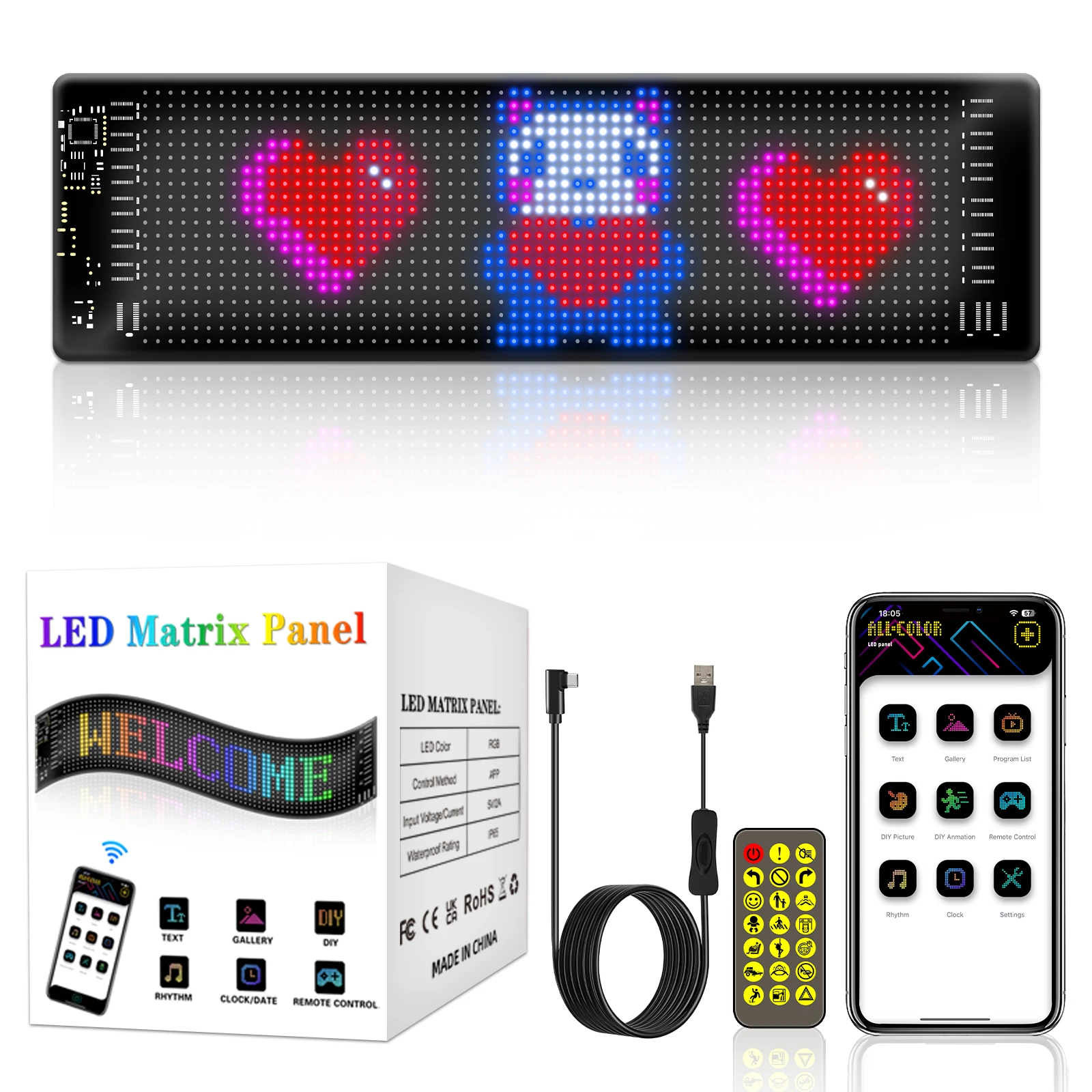 New Smart LED Matrix Panel Scrolling Bright Advertising USB 5V Bluetooth App Remote Controlled Programmable LED Car Sign Display