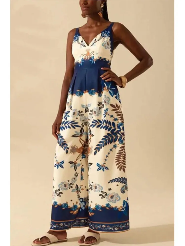 

New Arrival Sexy V-neck Waist Vestidos Jumpsuits Lady Elegant Draped Jumpsuits Summer Holiday Floral Printed Suspender Jumpsuits