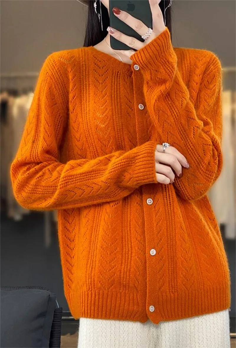 

Wool Cardigan Sweater Women O-neck Long Sleeve Top Knitted Korean Style Hollow Out New In Outerwear Mujer Knitwear Autumn Clothe