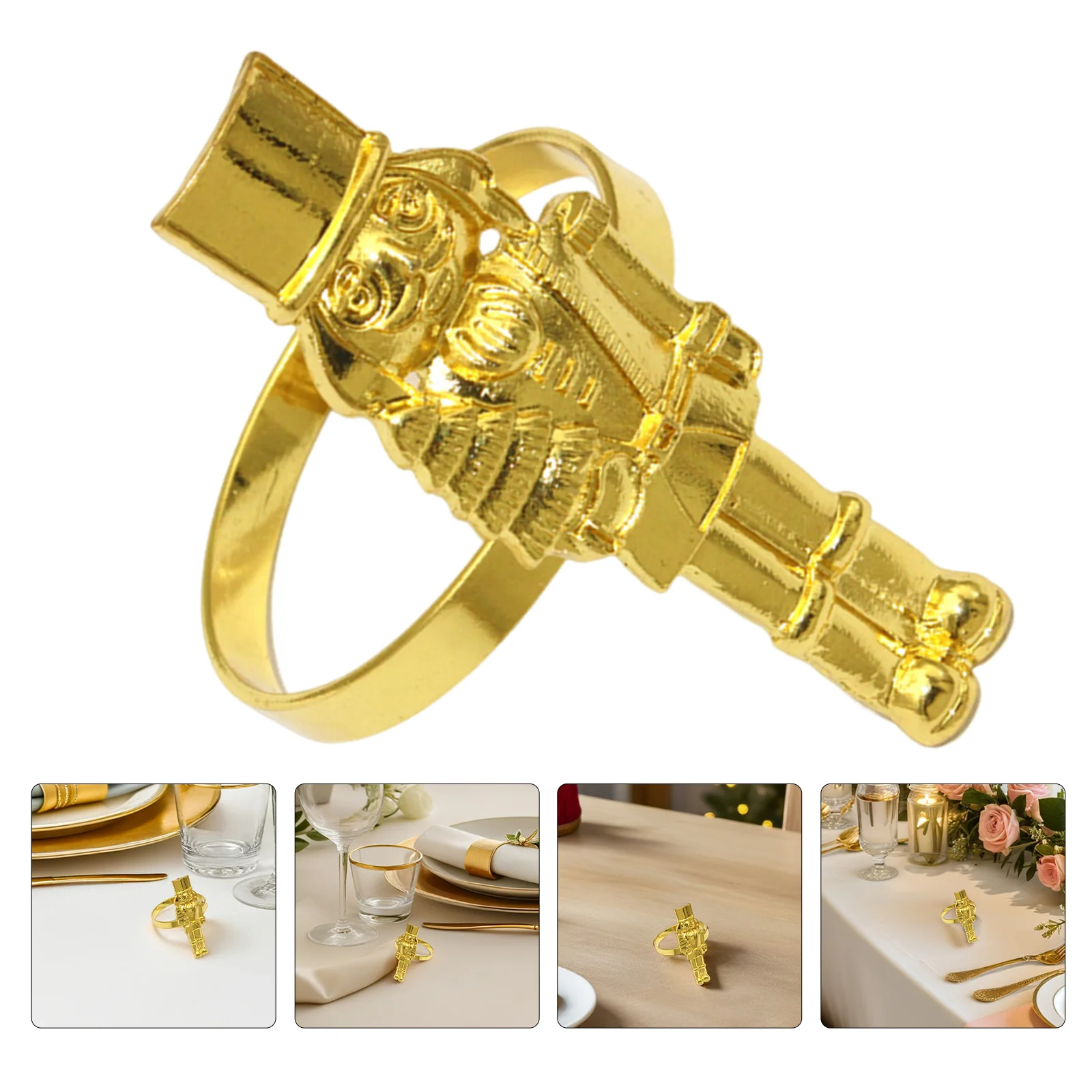 

4Pcs Nutcracker Napkin Rings Gold Metal Holiday Tableware Festive Christmas Decor Serviette Buckles for Party Dining