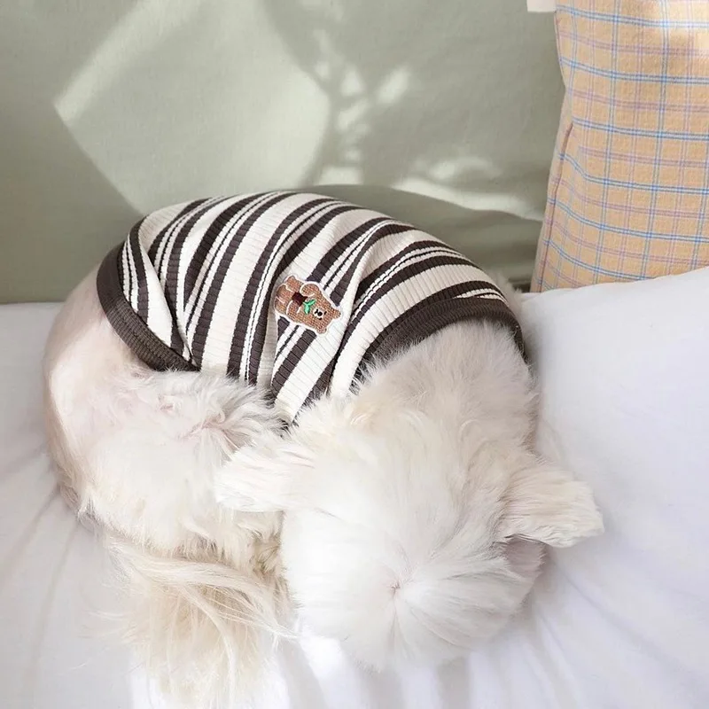 Pet Dog Vest Puppy Clothes Summer Cotton Bear Print T-Shirt Striped Dog Shirt Girls Dog Costume Chihuahua Korean Style Clothing