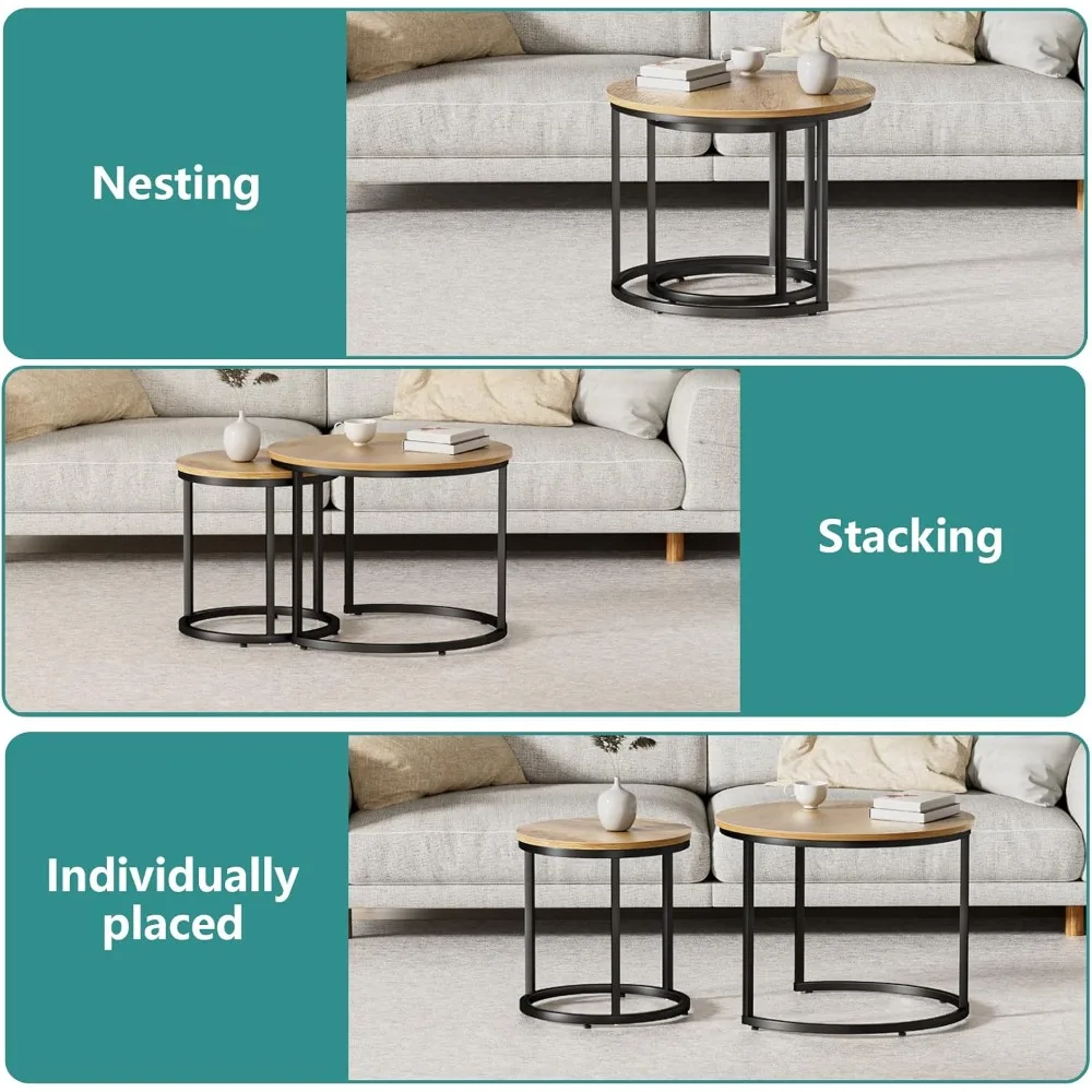 Smuxee Nesting Coffee Table Set of 2, 23.6 Round Coffee Table Brown Wood with Adjustable Non-Slip Feet, Industrial End Table Sid