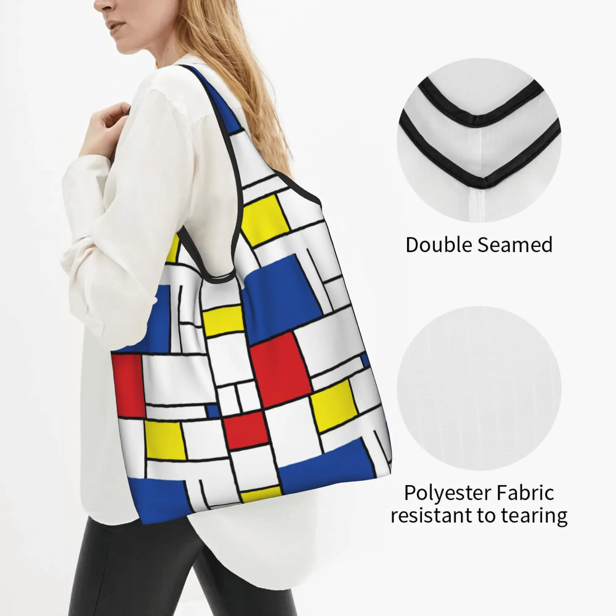 Piet Mondrian Minimalist De Stijl Modern Art Groceries Shopping Bag Fashion Shopper Shoulder Tote Bags Geometric Handbag