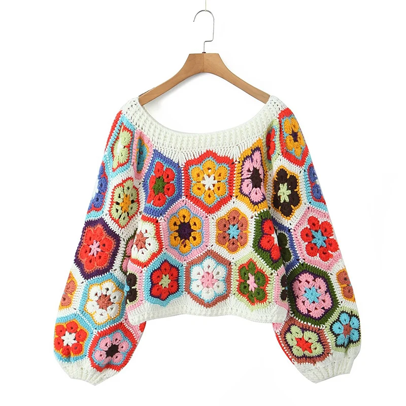 Women Boho Multicolor Plaid Floral Handmade Crochet Crop Sweater Vintage Lantern Sleeve Loose Holiday Pullover Tops F5WQ