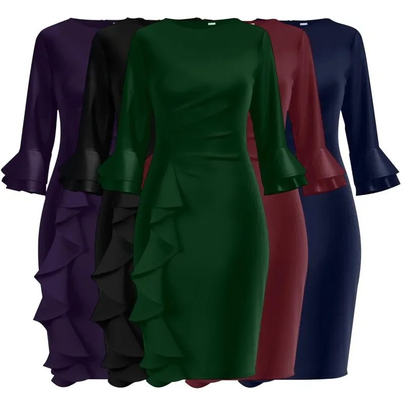 Women Elegant Boat Neck Ruffle Sleeve Midi Dress Formal Office Party Bodycon Sheath Vintage Style