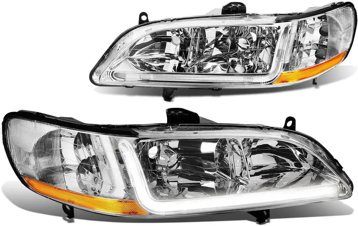 Pari of Headlights With LED DRL Bar Compatible with 98-02 Accord, Chrome/Amber, HL-LB-HA98-CH-AB