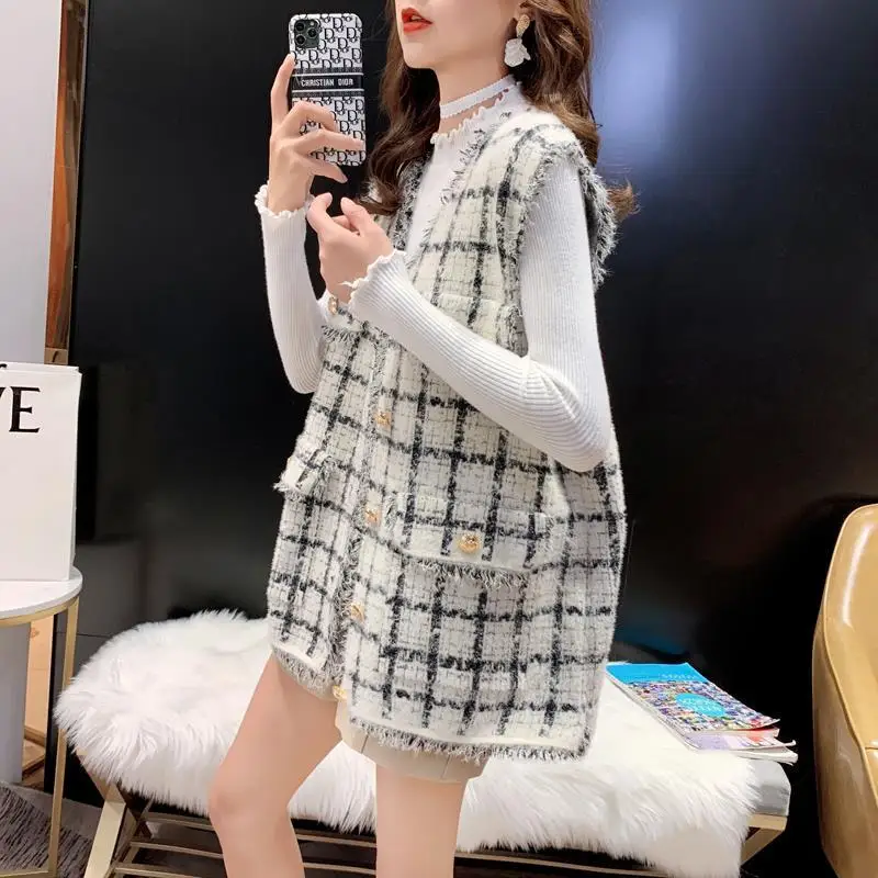 Female Vest Outerwear Tops Women Single-Breasted Tweed Woolen Vest Vintage V Neck Sleeveless