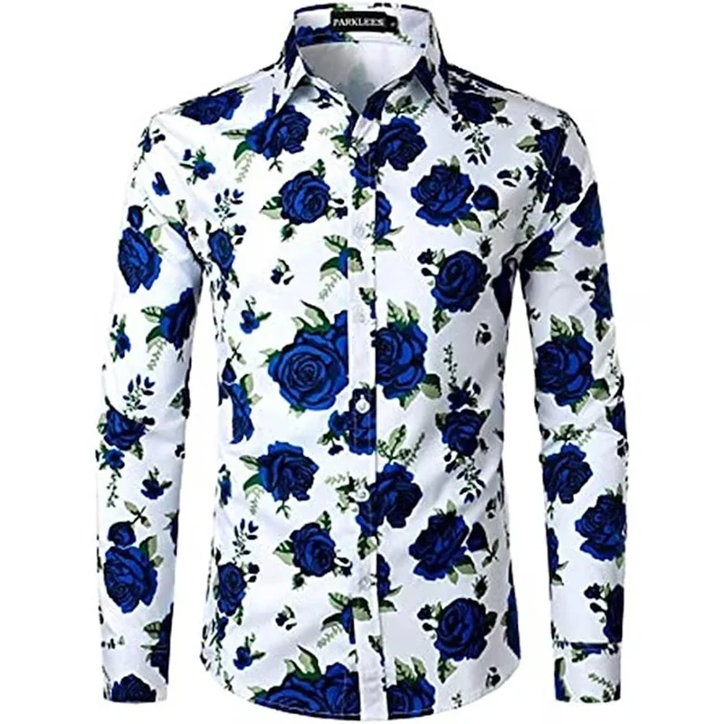 New Men's Shirts Long Sleeve 3D Flowers Print Lapel Button Summer Clothes For Men Up Top Prom Birthday Fashion Boyfriend Shirts