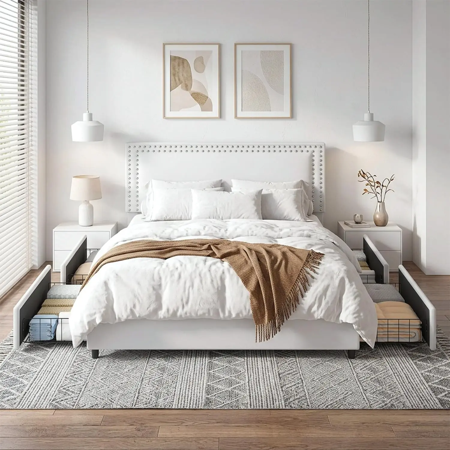 VECELO Queen Size Upholstered Bed Frame with 4 Storage Drawers, Adjustable Velvet Rivet Decor Headboard, Wooden Slats Platform S