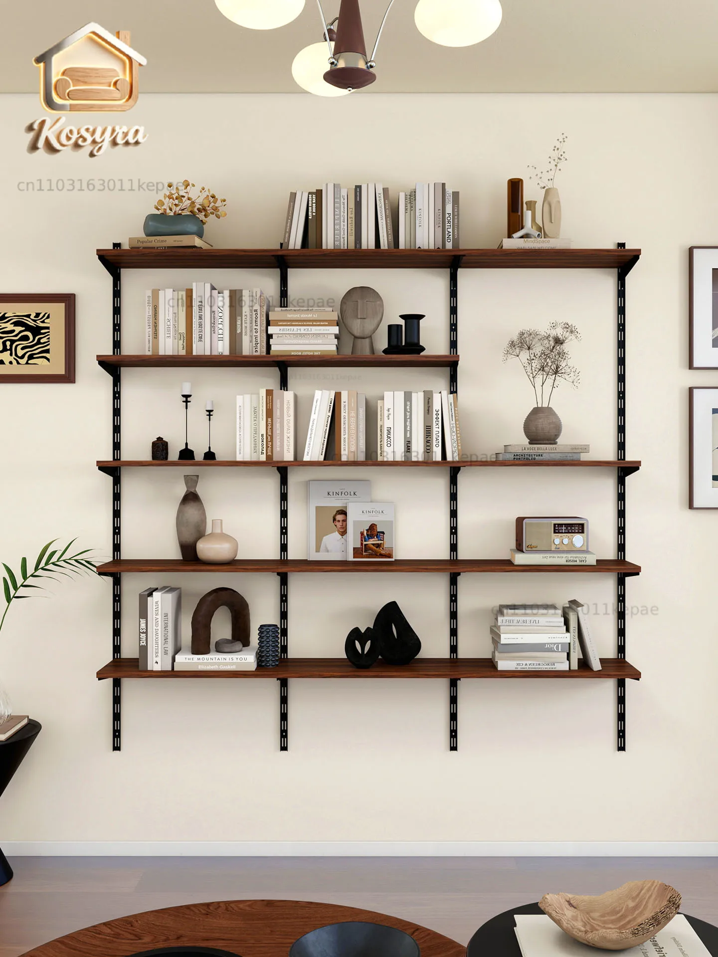 Qige wall bookshelf shelf medium antique walnut color supports custom storage room storage floor height adjustable