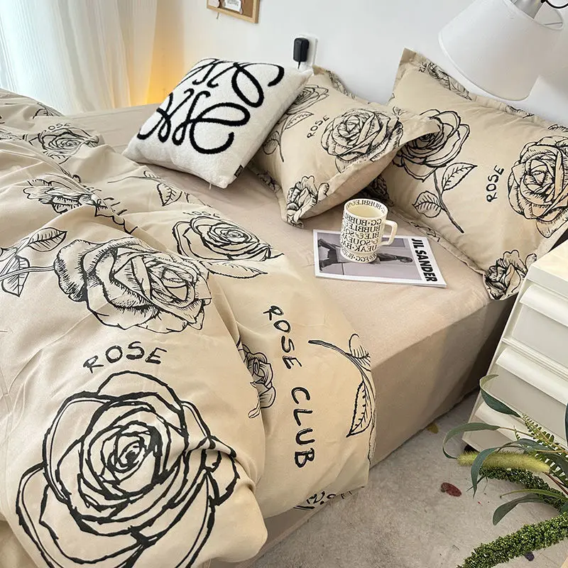 

Ins Simple Rose Bedding Set Twin Full Queen Size Bed Linen Girls Women Floral Bed Flat Sheet Pillowcase Kawaii Duvet Cover Set