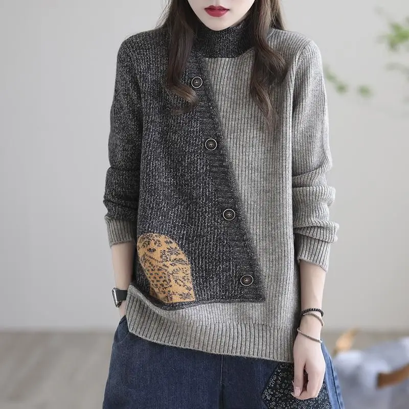 Vintage Half High Collar Sweaters For Female Autumn Winter Women\'s Clothing Fashion Loose Spliced Long Sleeve Knitted Pullovers