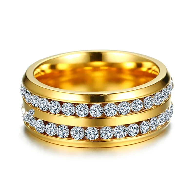 

Trendy Gold Color Stainless Steel 2 Row Crystal Luxury Rings for Women Engagement Wedding Charm Jewery Gifts Wholesale