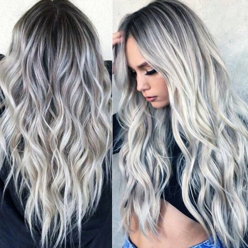 

New European and American style dyed middle-parted long curly hair COSGray gradient Anime Wig New women's synthetic fiber headge