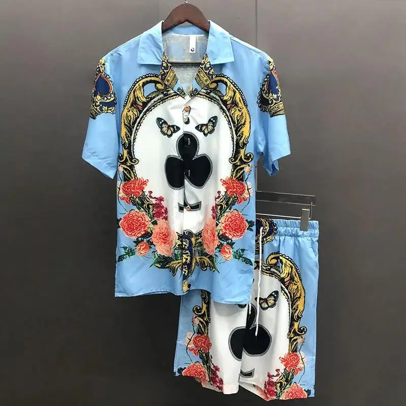 

2025 Summer Lapel Streetwear Hawaiian Shirt Suit Casual Homme Color Flowers Pattern Shirt Short Sleeve Casual Suit Streetwear
