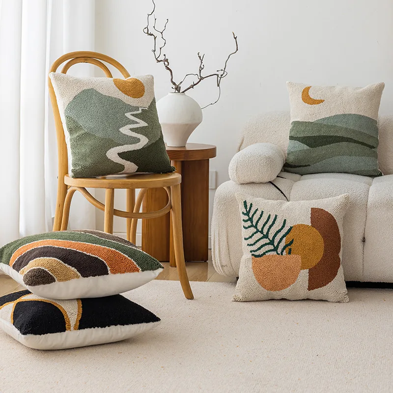 Abstract Tufted Pillow Cover, Decorative Art, Sunset, Mountain, Moon, Plant, Mid Century, Minimalist Geometric Pillowcase, 45x45