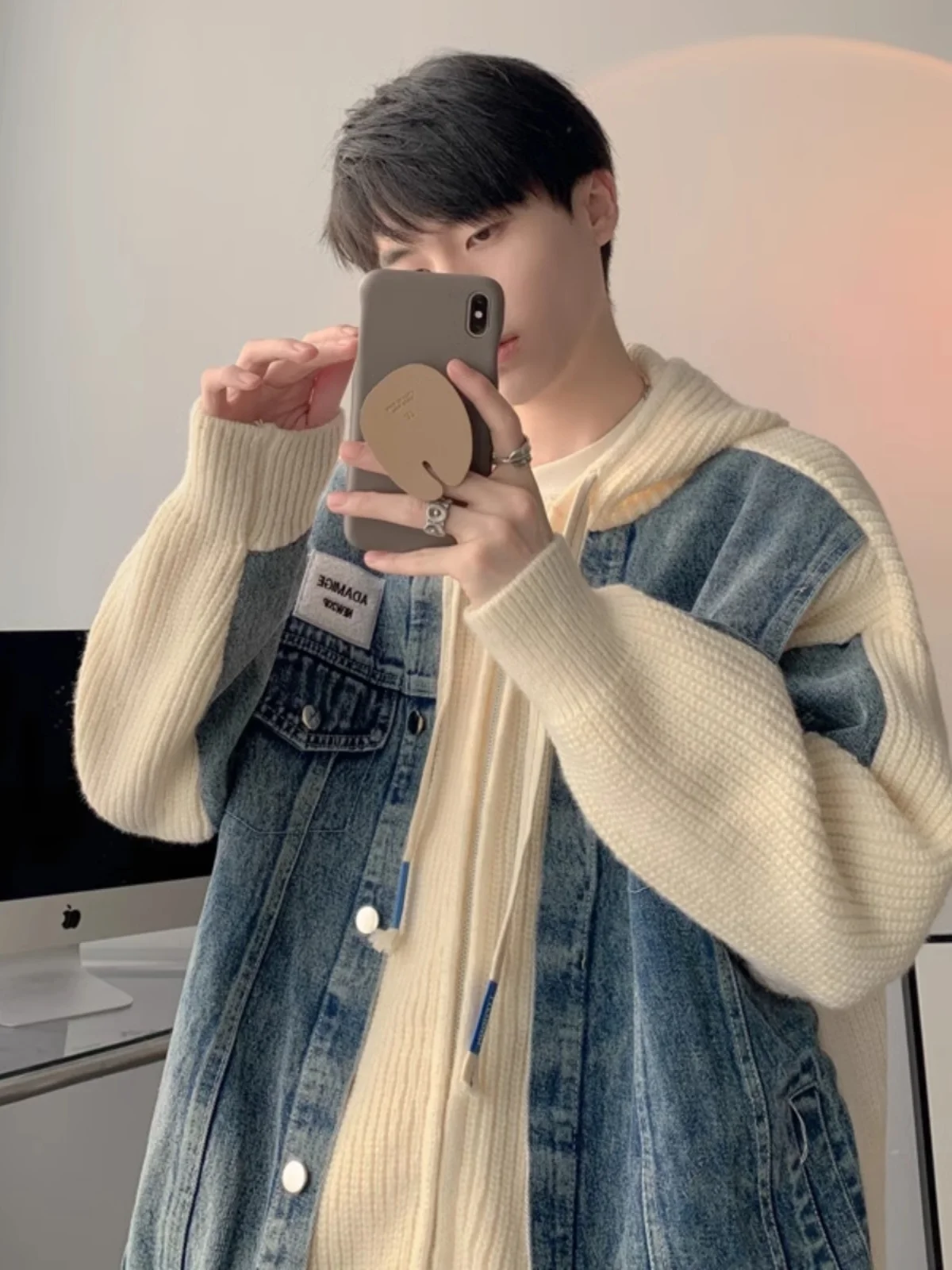 

Мужской свитер оверсайз 300 Pou, зимний, с джинсовыми вставками, свободный, вязаный, в стиле «ленивый шик», молодежный, модный, длинный...