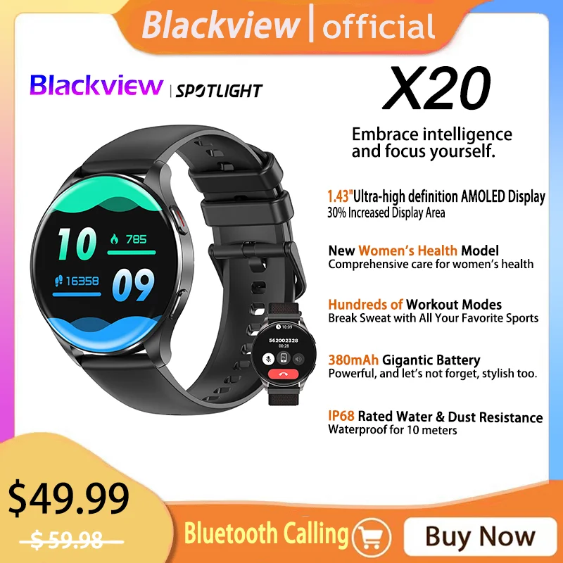 

Blackview 2024, новые умные часы X20, 1,43 дюйма, HD AMOLED-дисплей, Bluetooth-вызовы, умные часы для мужчин, женщин, отслеживание здоровья и фитнеса